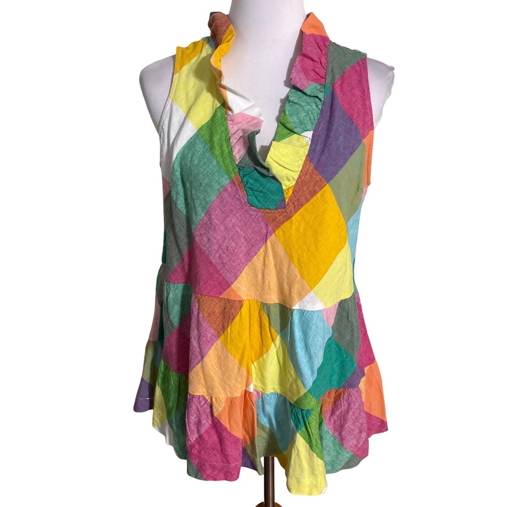 crown & ivy Multicolor Patchwork Ruffle V-Neck Sleeveless Blouse